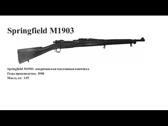 Springfield M1903 Springfield M1903: американская магазинная винтовка Годы производства: 1900 Масса, кг: 3.95