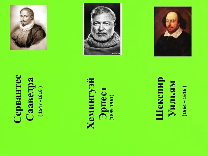 Сервантес Сааведра ( 1547 –1616 ) Хемингуэй Эрнест (1899-1961) Шекспир Уильям (1564 – 1616 )