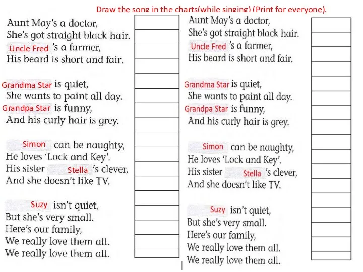 Draw the song in the charts(while singing) (Print for everyone). Uncle