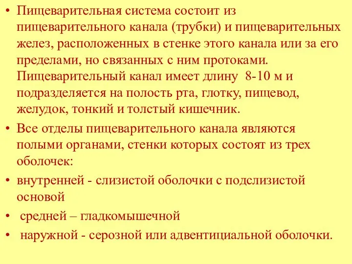 Пищеварительная система состоит из пищеварительного канала (трубки) и пищеварительных желез, расположенных