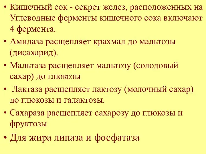 Кишечный сок - секрет желез, расположенных на Углеводные ферменты кишечного сока