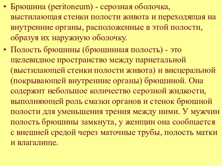 Брюшина (peritoneum) - серозная оболочка, выстилающая стенки полости живота и переходящая