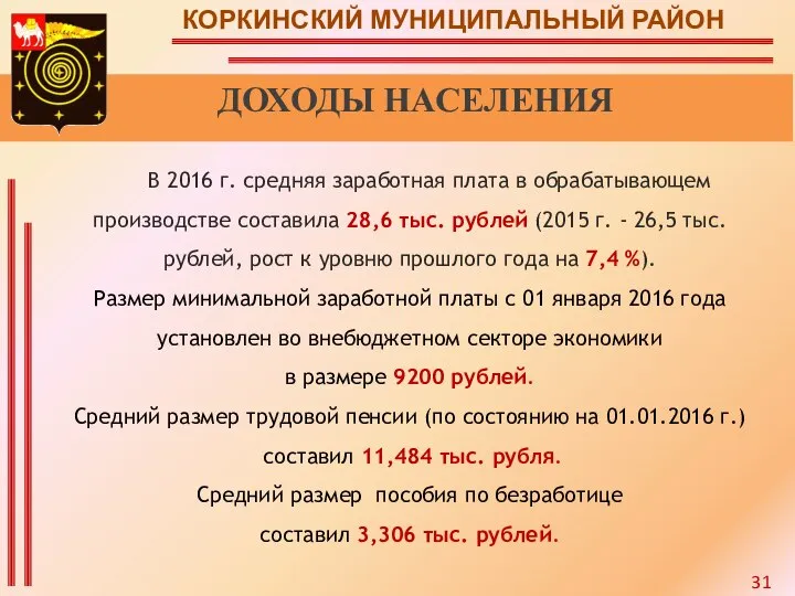 КОРКИНСКИЙ МУНИЦИПАЛЬНЫЙ РАЙОН ДОХОДЫ НАСЕЛЕНИЯ В 2016 г. средняя заработная плата