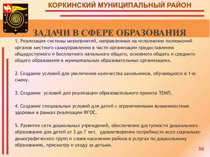 КОРКИНСКИЙ МУНИЦИПАЛЬНЫЙ РАЙОН 6. ЗАДАЧИ В СФЕРЕ ОБРАЗОВАНИЯ 1. Реализация системы