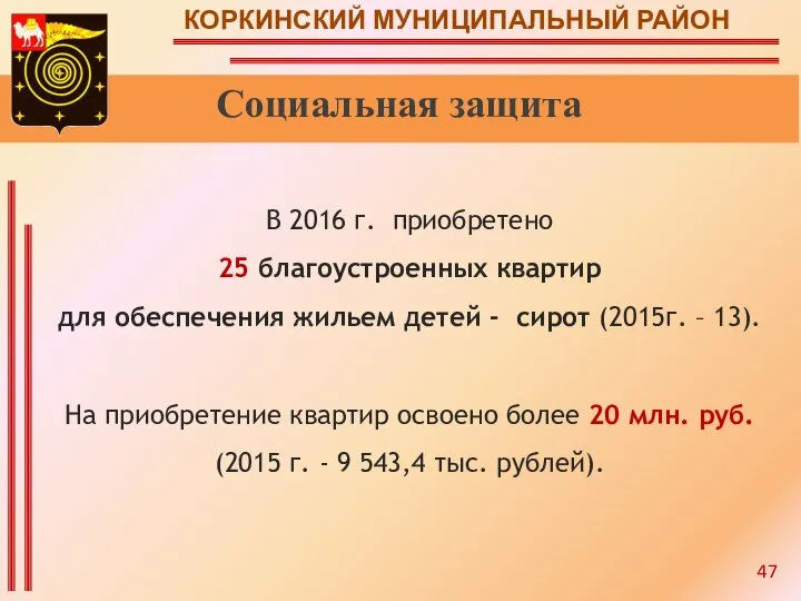 КОРКИНСКИЙ МУНИЦИПАЛЬНЫЙ РАЙОН Социальная защита В 2016 г. приобретено 25 благоустроенных