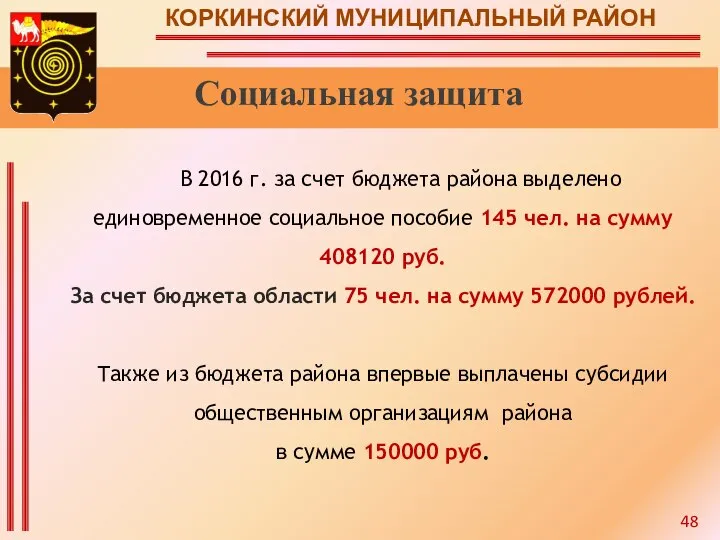 КОРКИНСКИЙ МУНИЦИПАЛЬНЫЙ РАЙОН Социальная защита В 2016 г. за счет бюджета