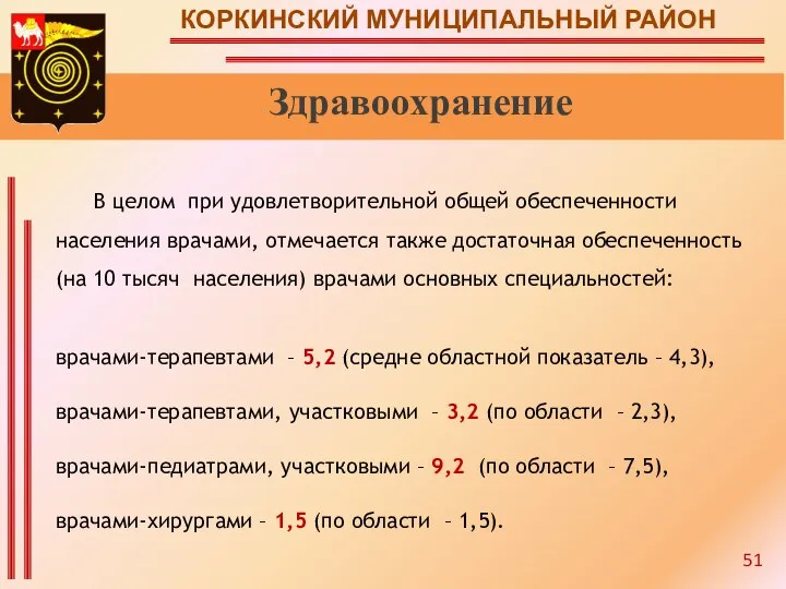 КОРКИНСКИЙ МУНИЦИПАЛЬНЫЙ РАЙОН Здравоохранение В целом при удовлетворительной общей обеспеченности населения