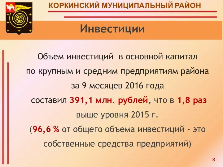 КОРКИНСКИЙ МУНИЦИПАЛЬНЫЙ РАЙОН Инвестиции 8 Объем инвестиций в основной капитал по