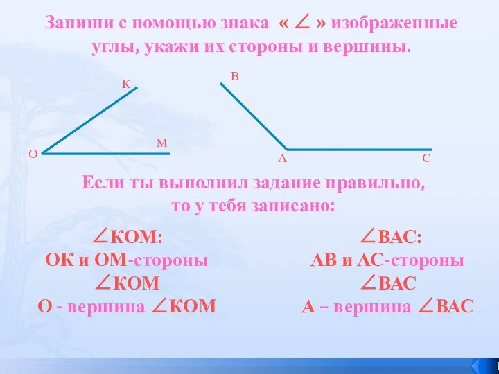 Запиши с помощью знака « ∠ » изображенные углы, укажи их