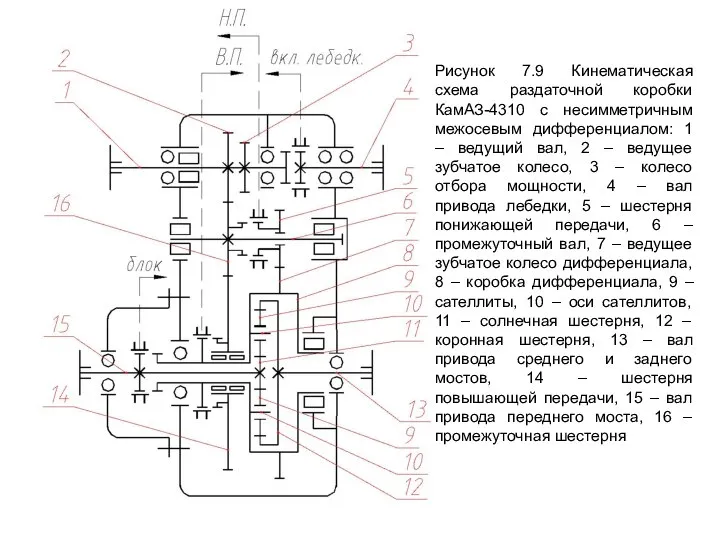 Рисунок 7.9 Кинематическая схема раздаточной коробки КамАЗ-4310 с несимметричным межосевым дифференциалом: