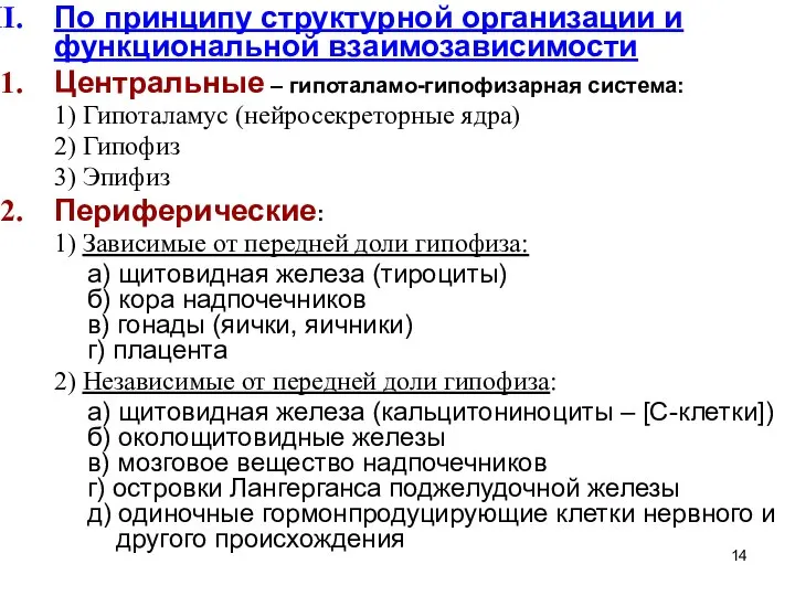 По принципу структурной организации и функциональной взаимозависимости Центральные – гипоталамо-гипофизарная система: