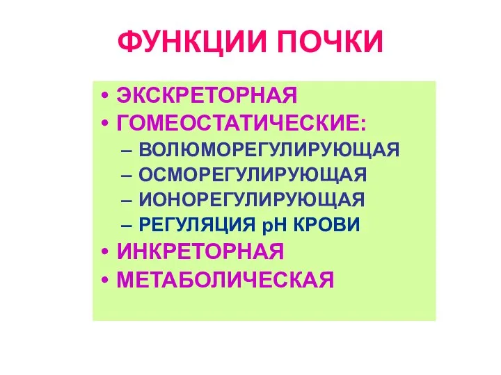 ФУНКЦИИ ПОЧКИ ЭКСКРЕТОРНАЯ ГОМЕОСТАТИЧЕСКИЕ: ВОЛЮМОРЕГУЛИРУЮЩАЯ ОСМОРЕГУЛИРУЮЩАЯ ИОНОРЕГУЛИРУЮЩАЯ РЕГУЛЯЦИЯ рН КРОВИ ИНКРЕТОРНАЯ МЕТАБОЛИЧЕСКАЯ