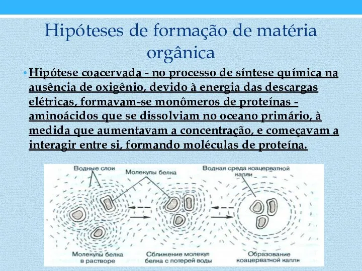 Hipóteses de formação de matéria orgânica Hipótese coacervada - no processo