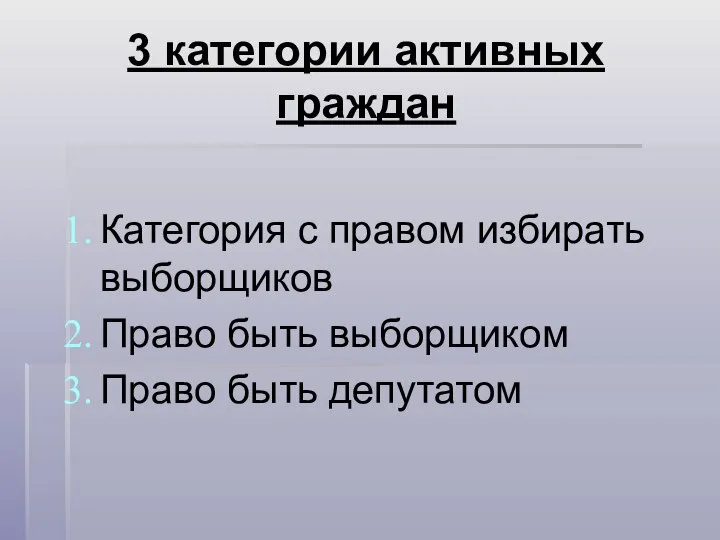 Категория с правом избирать выборщиков Право быть выборщиком Право быть депутатом 3 категории активных граждан