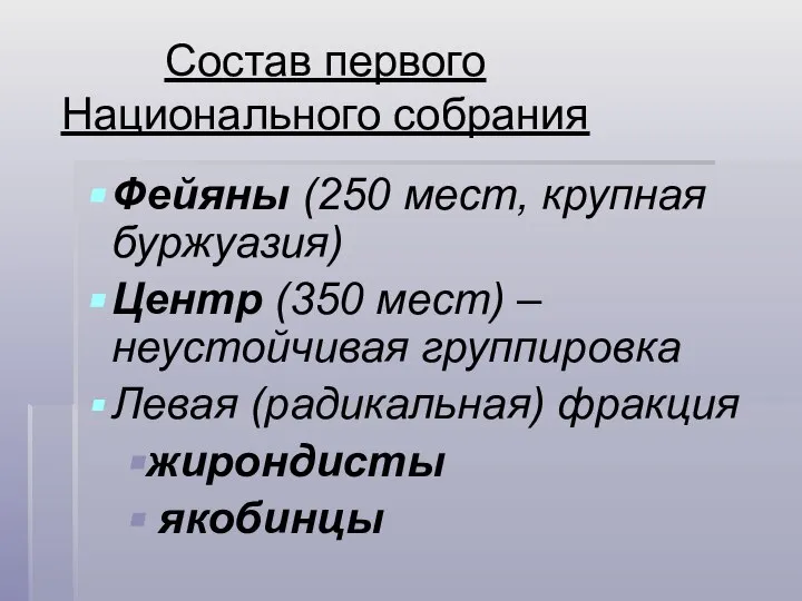 Состав первого Национального собрания Фейяны (250 мест, крупная буржуазия) Центр (350