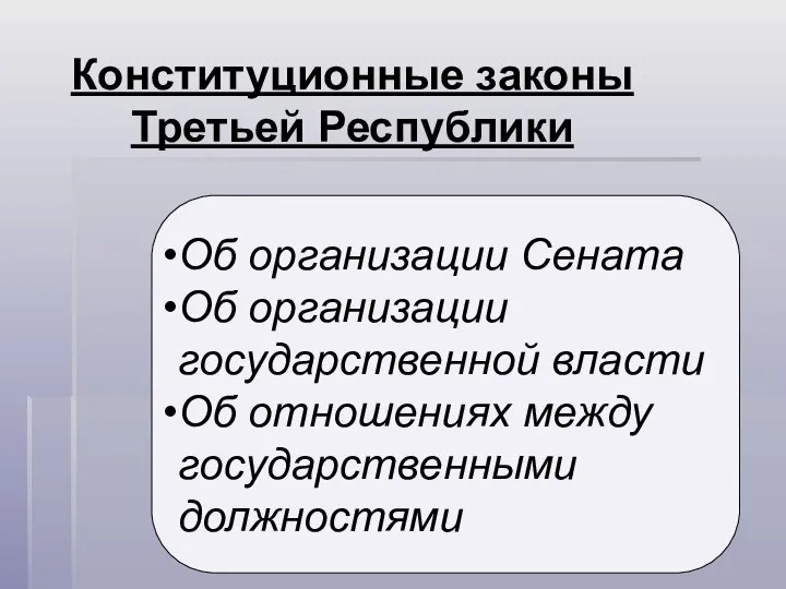 Об организации Сената Об организации государственной власти Об отношениях между государственными должностями Конституционные законы Третьей Республики