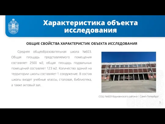 Характеристика объекта исследования Средняя общеобразовательная школа №603. Общая площадь представляемого помещения