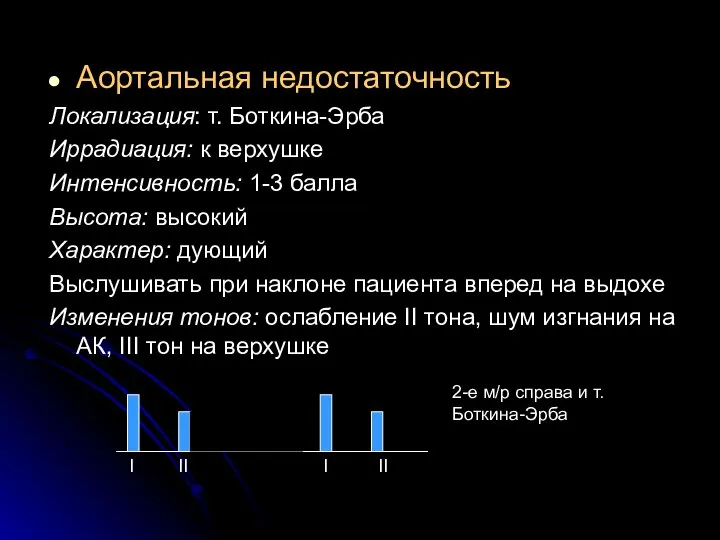 Аортальная недостаточность Локализация: т. Боткина-Эрба Иррадиация: к верхушке Интенсивность: 1-3 балла