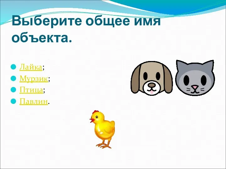 Выберите общее имя объекта. Лайка; Мурзик; Птица; Павлин.