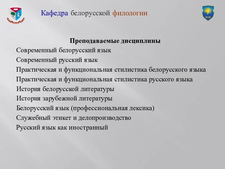 Преподаваемые дисциплины Современный белорусский язык Современный русский язык Практическая и функциональная