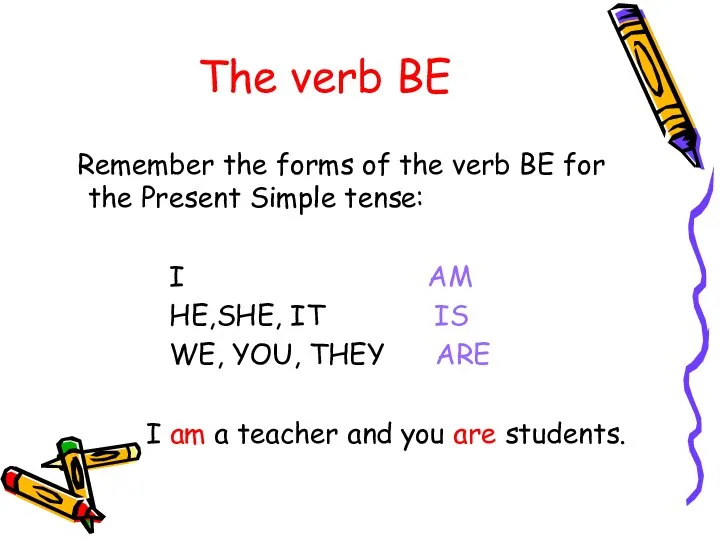 The verb BE Remember the forms of the verb BE for