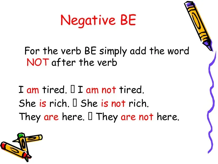 Negative BE For the verb BE simply add the word NOT