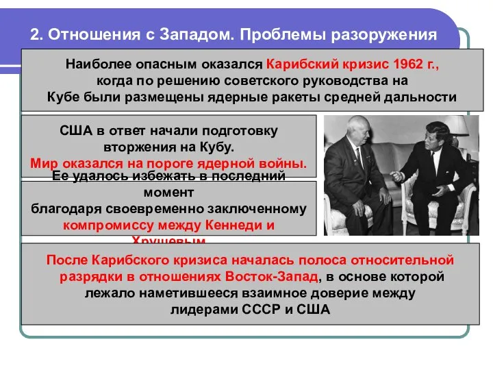 2. Отношения с Западом. Проблемы разоружения Наиболее опасным оказался Карибский кризис