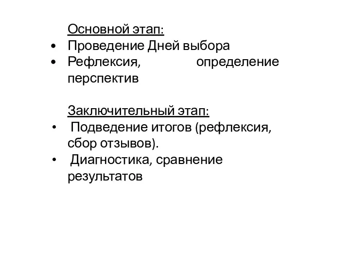 Основной этап: Проведение Дней выбора Рефлексия, определение перспектив Заключительный этап: Подведение