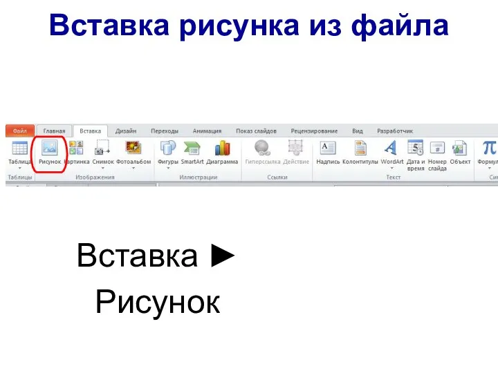 Вставка рисунка из файла Вставка ► Рисунок