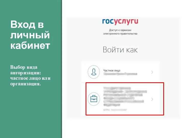 Вход в личный кабинет Выбор вида авторизации: частное лицо или организация.