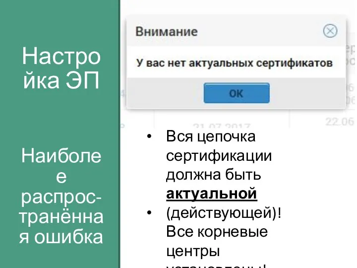 Настройка ЭП Вся цепочка сертификации должна быть актуальной (действующей)! Все корневые