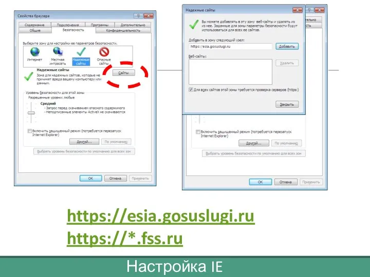 Настройка IE https://esia.gosuslugi.ru https://*.fss.ru