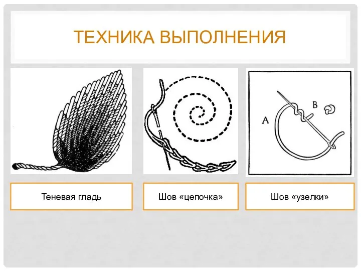 ТЕХНИКА ВЫПОЛНЕНИЯ Теневая гладь Шов «цепочка» Шов «узелки»