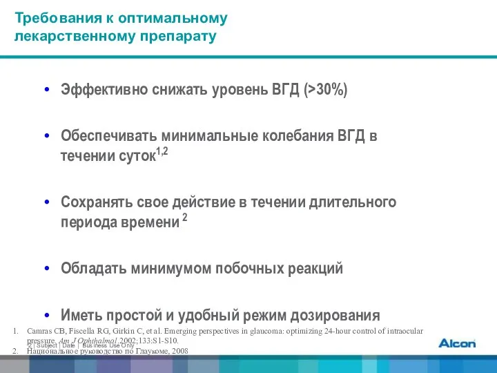 Требования к оптимальному лекарственному препарату Эффективно снижать уровень ВГД (>30%) Обеспечивать