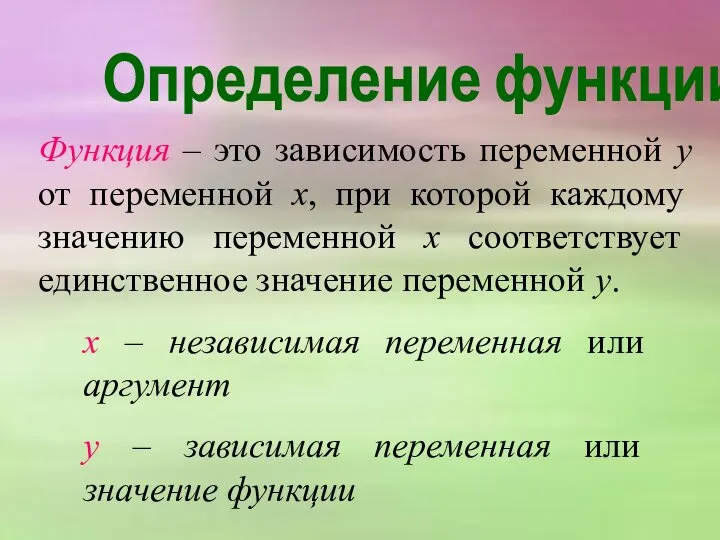 Определение функции Функция – это зависимость переменной у от переменной х,