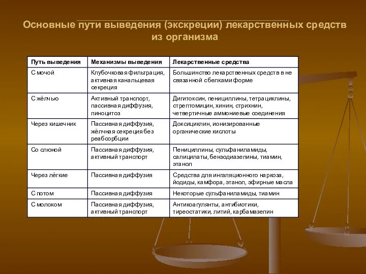 Основные пути выведения (экскреции) лекарственных средств из организма