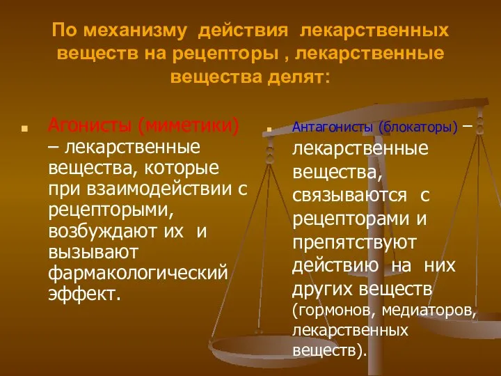 По механизму действия лекарственных веществ на рецепторы , лекарственные вещества делят: