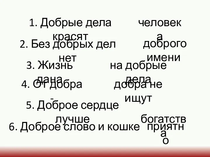 1. Добрые дела красят человека 2. Без добрых дел нет доброго