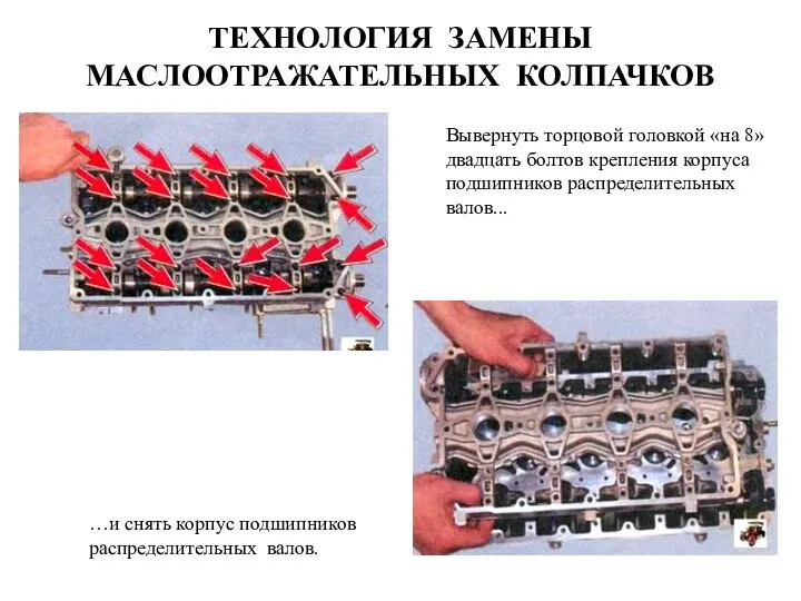 ТЕХНОЛОГИЯ ЗАМЕНЫ МАСЛООТРАЖАТЕЛЬНЫХ КОЛПАЧКОВ Вывернуть торцовой головкой «на 8» двадцать болтов