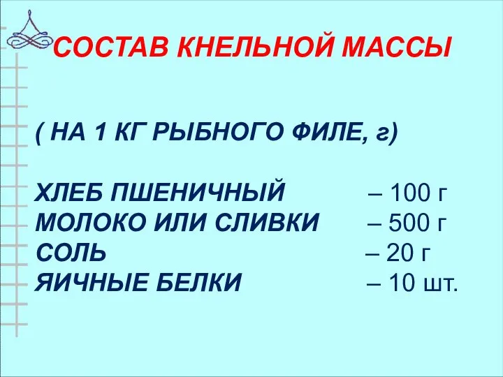 СОСТАВ КНЕЛЬНОЙ МАССЫ ( НА 1 КГ РЫБНОГО ФИЛЕ, г) ХЛЕБ