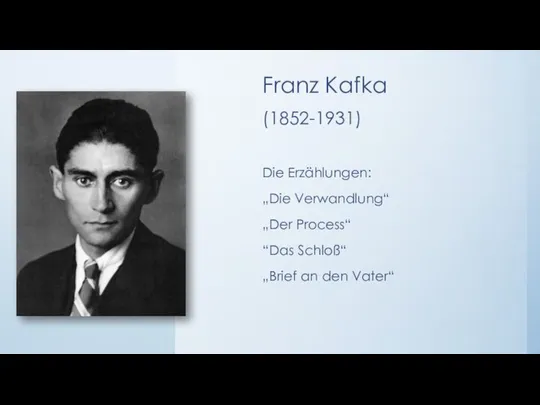 Franz Kafka (1852-1931) Die Erzählungen: „Die Verwandlung“ „Der Process“ “Das Schloß“ „Brief an den Vater“