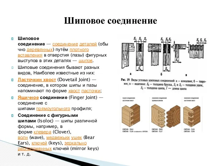 Шиповое соединение Шиповое соединение — соединение деталей (обычно деревянных) путём плотного