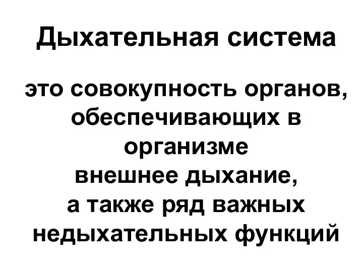 это совокупность органов, обеспечивающих в организме внешнее дыхание, а также ряд важных недыхательных функций Дыхательная система