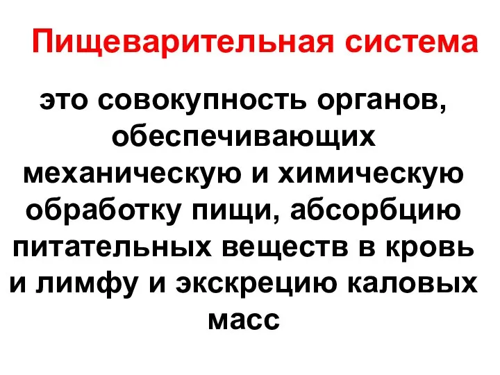 это совокупность органов, обеспечивающих механическую и химическую обработку пищи, абсорбцию питательных