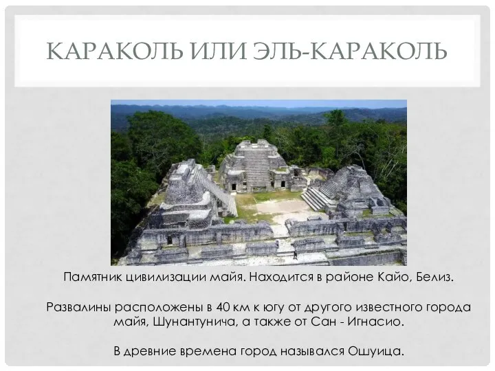 КАРАКОЛЬ ИЛИ ЭЛЬ-КАРАКОЛЬ Памятник цивилизации майя. Находится в районе Кайо, Белиз.