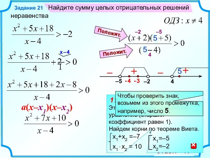 Найдите сумму целых отрицательных решений неравенства Задание 21 – + –