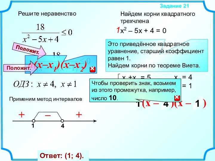 Решите неравенство Задание 21 x1 = 4 x2 = 1 a(x