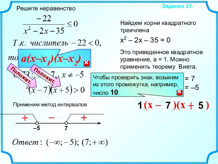 Решите неравенство Задание 21. x1 = 7 x2 = –5 a(x