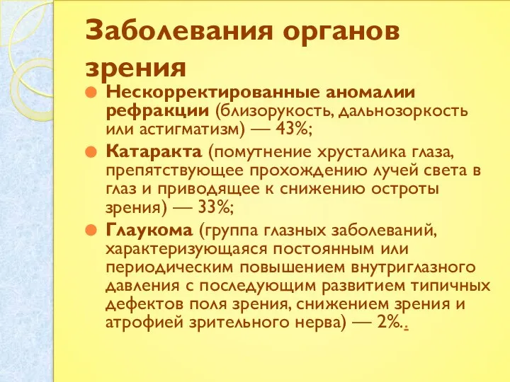 Заболевания органов зрения Нескорректированные аномалии рефракции (близорукость, дальнозоркость или астигматизм) —