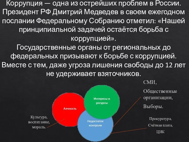 Коррупция — одна из острейших проблем в России. Президент РФ Дмитрий